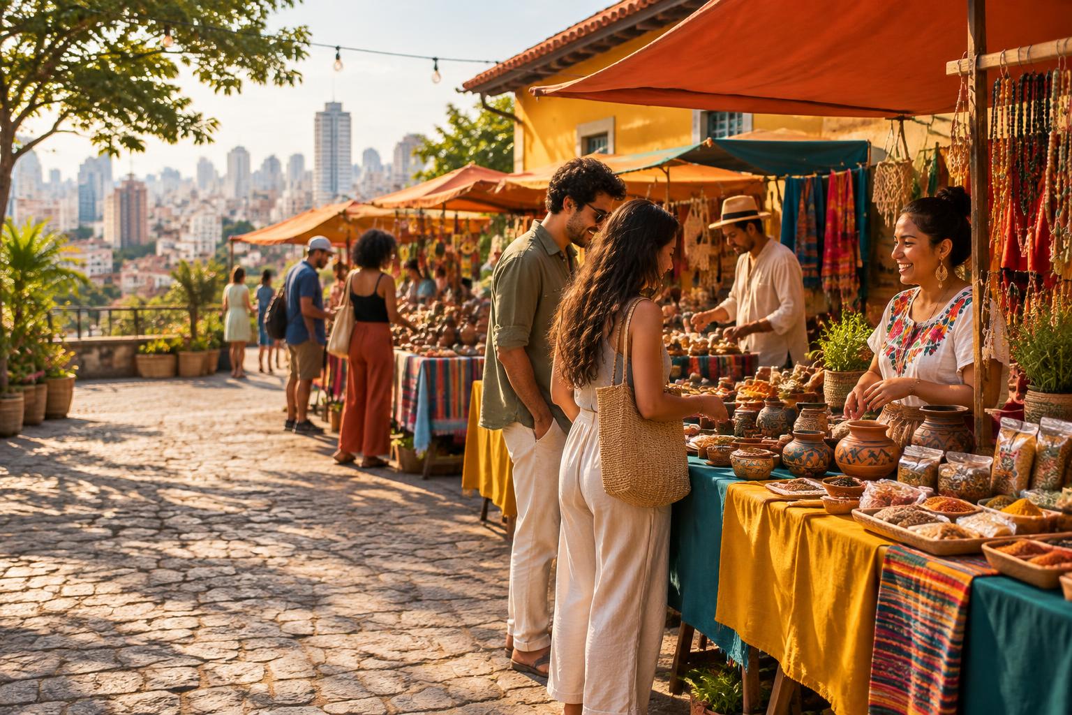 Feria latina al aire libre con artesanos y visitantes